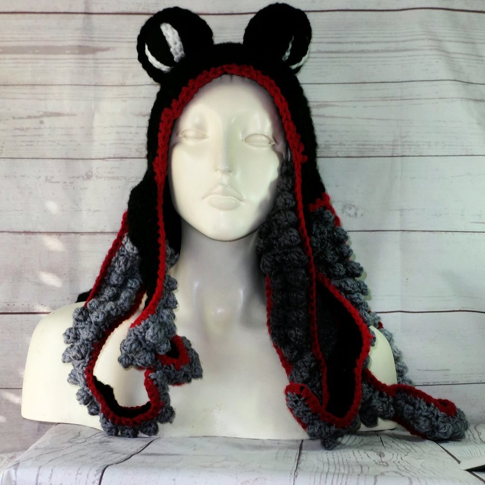 Crochet Octopus Hat Black and Grey  Adult Size